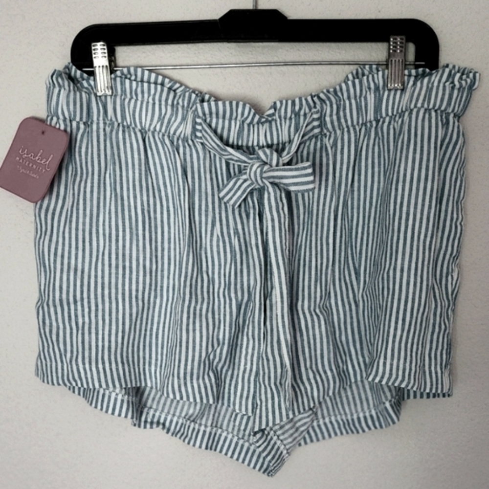 Ingrid & Isabel Womens Maternity Shorts Blue Striped Elastic Waist Pockets Sz XL